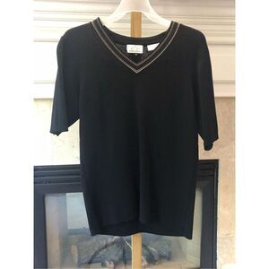 E.P. Pro Women’s Black and Copper Stripe V Neck Trim Design Short Sleeve Blouse